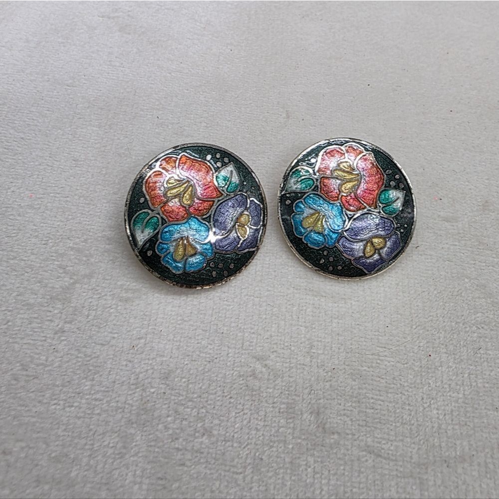 Vintage Clip On Cloisonné Earrings